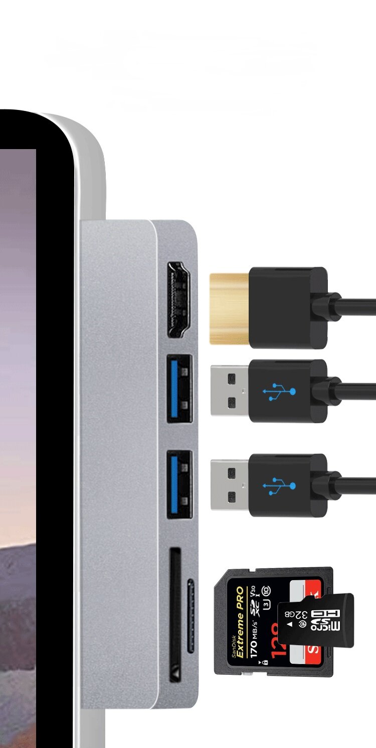 For Surface Pro 7/7+ USB C Hub, 5-in-1 Aluminum with 4K HDMI Adapter+ USB C