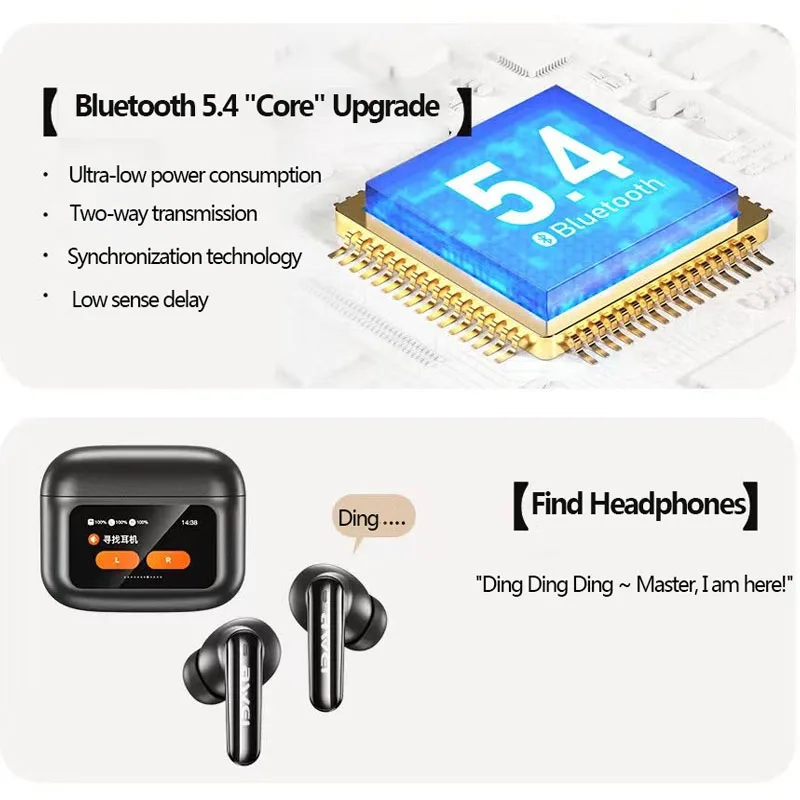 Awei T56 ANC Large color Screen AI Intelligent Translation Bluetooth earphone -35dB EQ model selection bluetooth 5.4 with Earphones search Wallpaper selection Spatial sound effect selection wireless earbuds