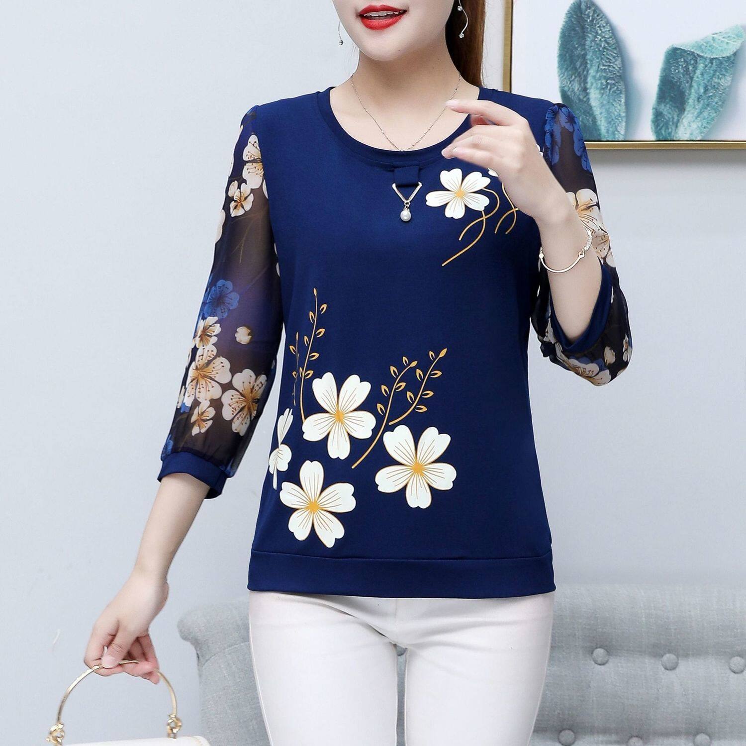 New Spring and Summer Chiffon Shirt Mother Wear Three-quarter Sleeve Women's T-shirt Women's Top Loose Western Style Bottoming Shirt