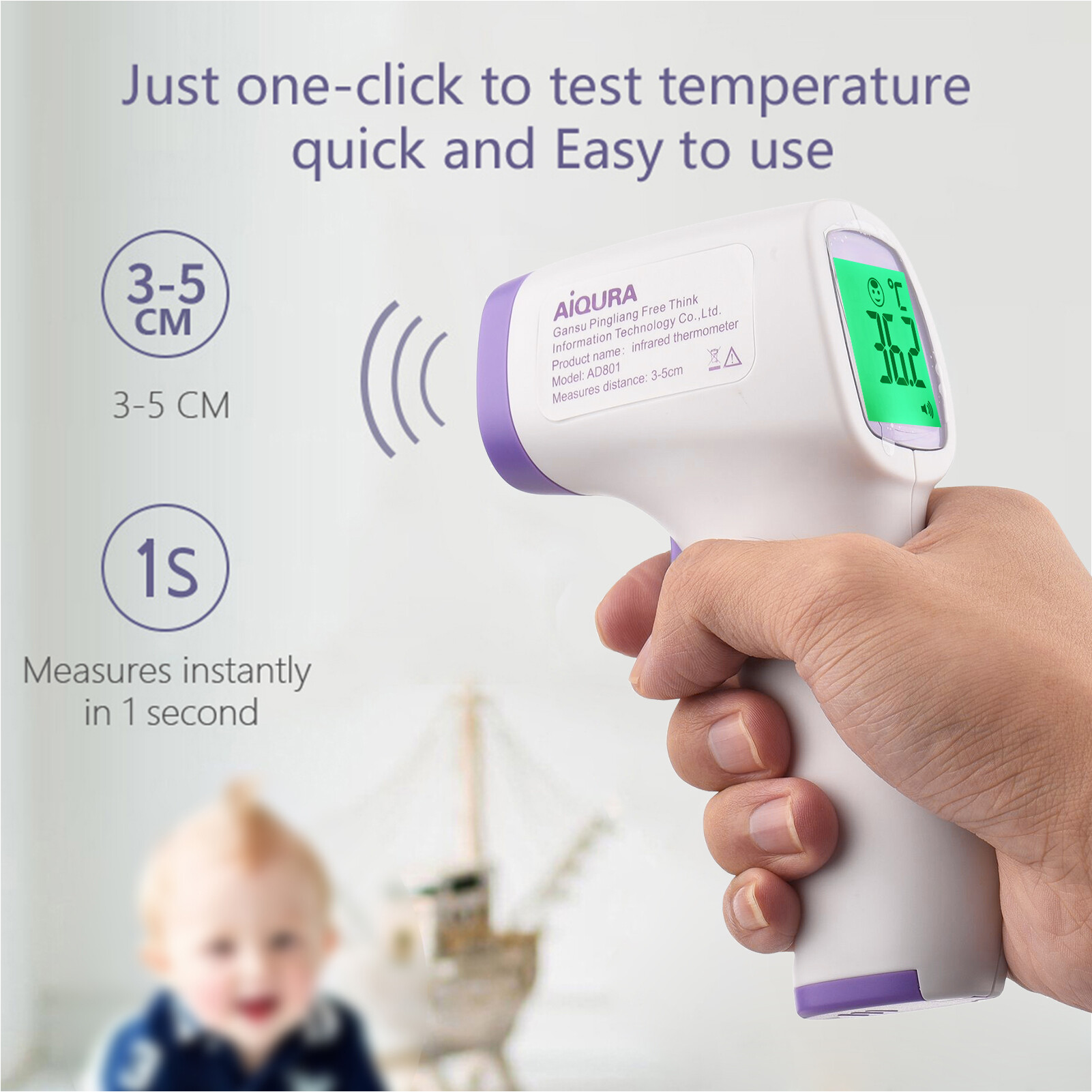 Smart Sensor LCD Digital Infrared Forehead Therm-ometer Non-Contact IR Ther-mometer Handheld Digital Tem-perature Measuring Gauge Fever Alarm Dual Tem-perature Mode 16-Group Memory °C/°F Switch for Baby/Adult