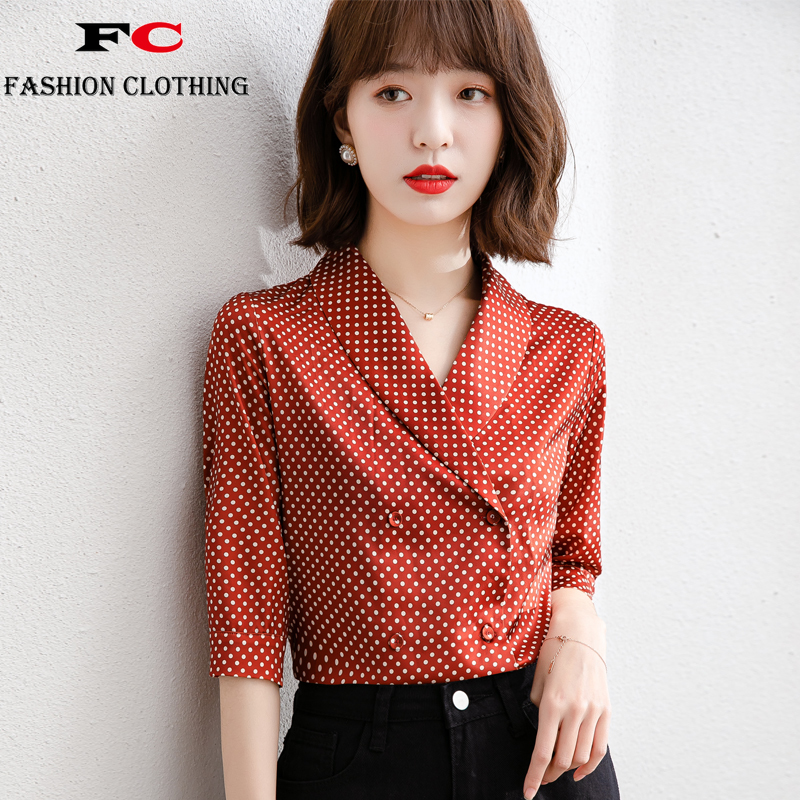 FC Trendy Shirt Women s Summer French Short sleeved Shirt V neck Polka 