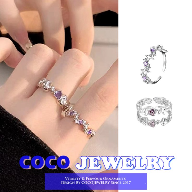 COCOJEWELRY 925 SilverSweet Style Purple Diamond Heart Zircon Opening Star Corner Ring Female Niche Ins Cool Style Light Luxury Personality Ring