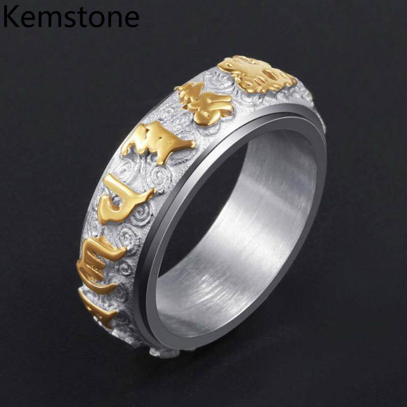 Kemstone Fashion Stainless Steel Retro Buddhist Scriptures Rotational Six Word Ring for Women Men Jewelry Gifts