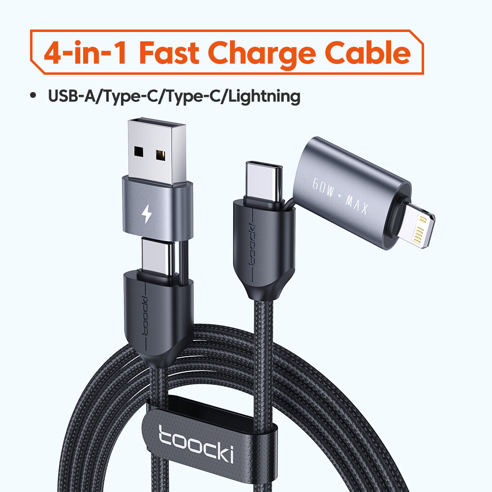 Toocki usb-a type-c charging cable 4-in-1 pd/lightning/type-c/iphone data cable fast charging for iphone 12 pro max iphone 11 pro huawei samsung xiaomi