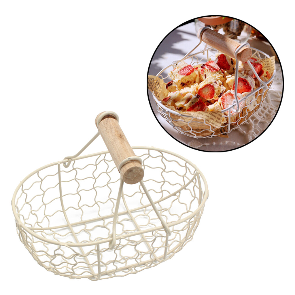 Fityle Iron Storage Basket Bread Fruit Basket with Wooden Handle Home Kitchen Desktop Organizer Snack Basket