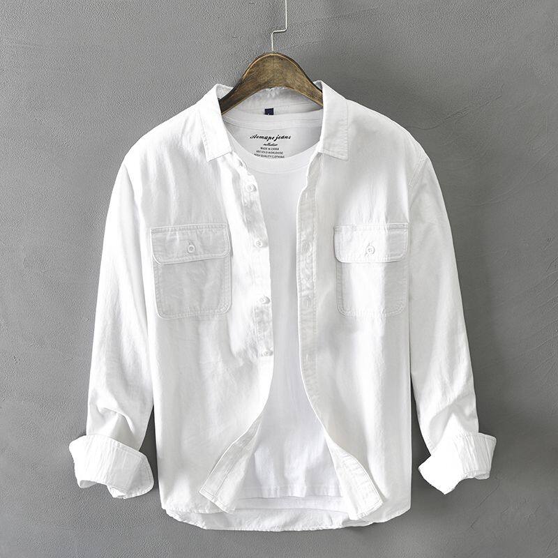 Frtgryht Japanese fresh cotton men's long-sleeved shirt autumn and winter new loose cotton youth lapel pocket shirt jacket