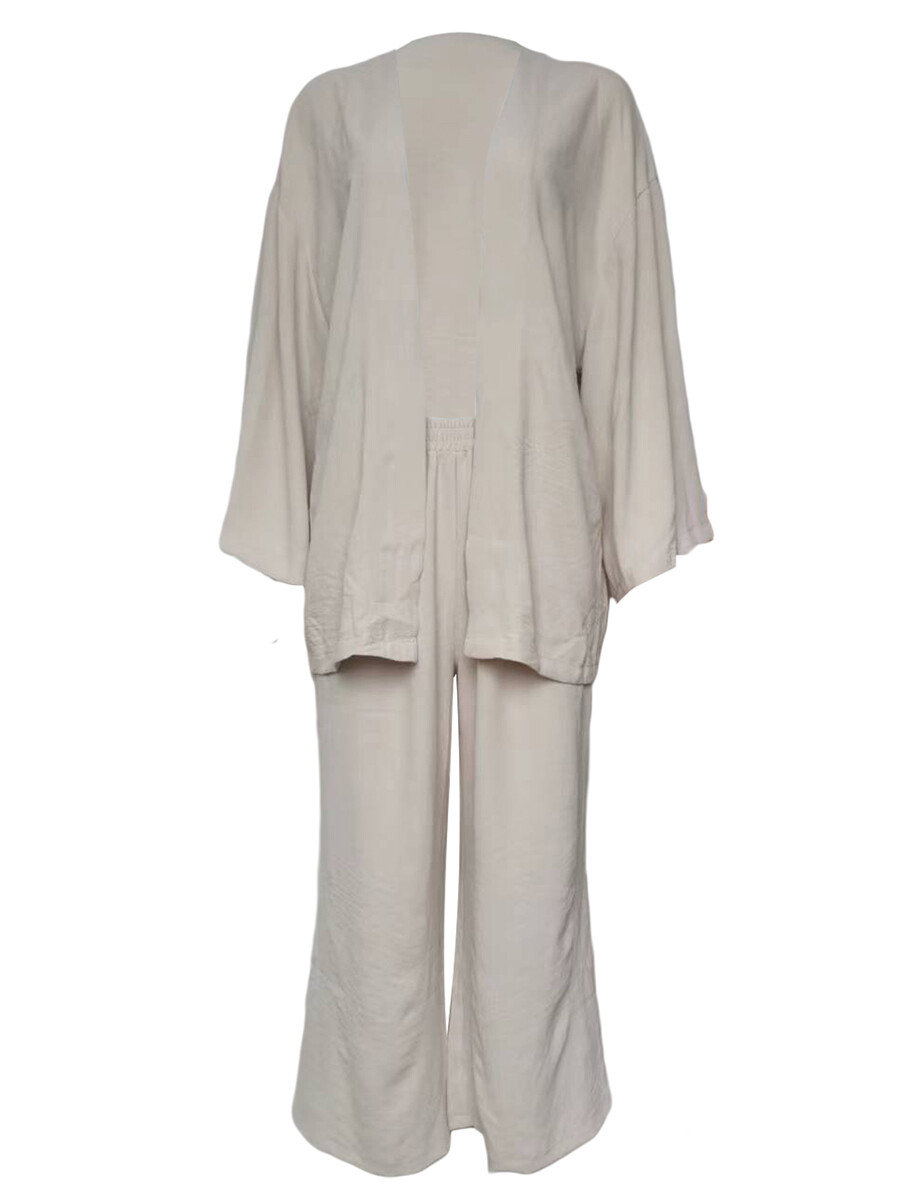 Facialbeauty- Women Summer Pants Outfits Solid Color Long Sleeve Cardigan Elastic Waist Wide-Leg Long Pants 2 Pieces Loungewear Set