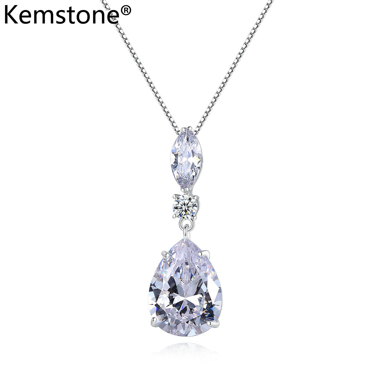Kemstone White Blue Crystal Water Drop Women Pendant Necklace Jewelry Gift for Female