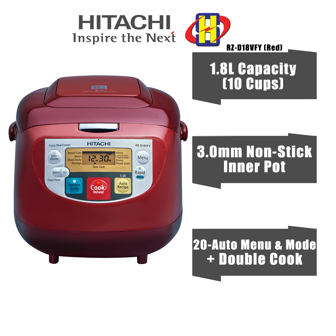Hitachi Rice Cooker (1.8L/10 Cups/Dark Red) 20Auto Menu & Double Cook