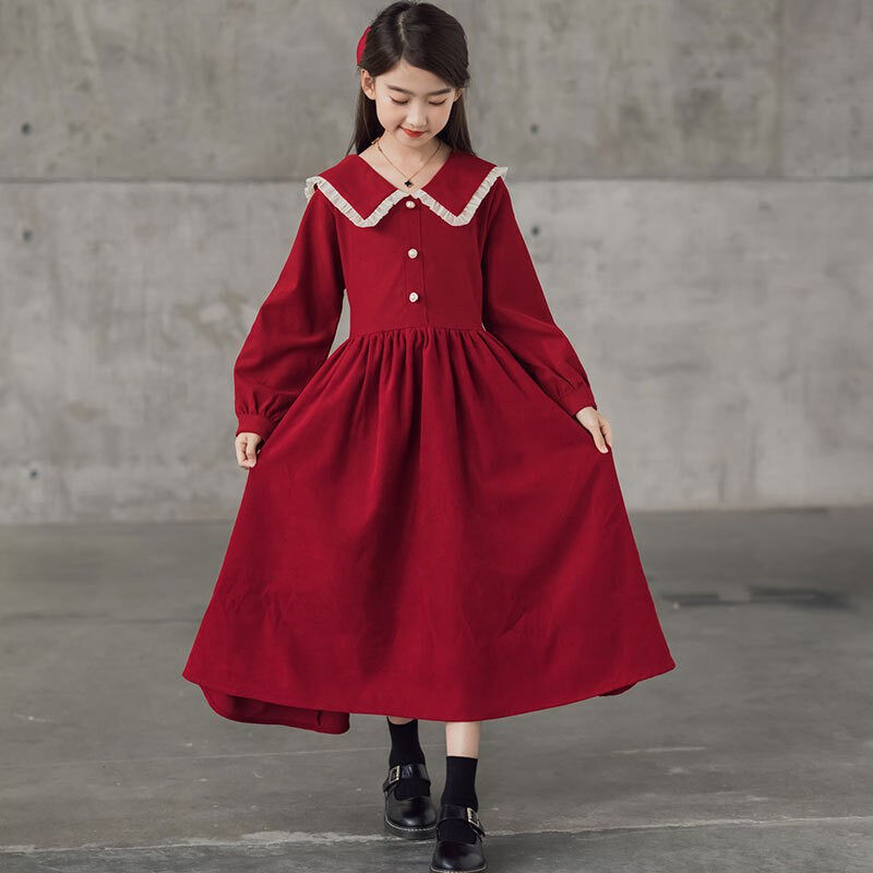 AISAMEFE Elegant Gown Teens Girls Dress New Fashion Doll Collar Pretty Princess Long Sleeve A-line Dress Cotton Spring Kids Clothes 3-15Y