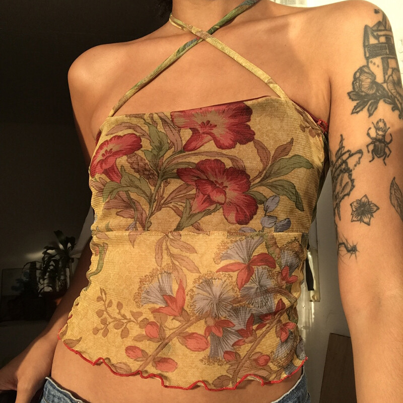 2023 Floral Vintage Crop Top Y2k Mesh See Through Corset Top Frill Cross Halter Sweats Female Summer Party Clubwear