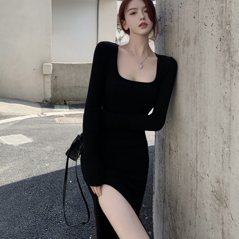 Màu đen thuần vuông cổ Đầm xẻ mỏng dài tay áo