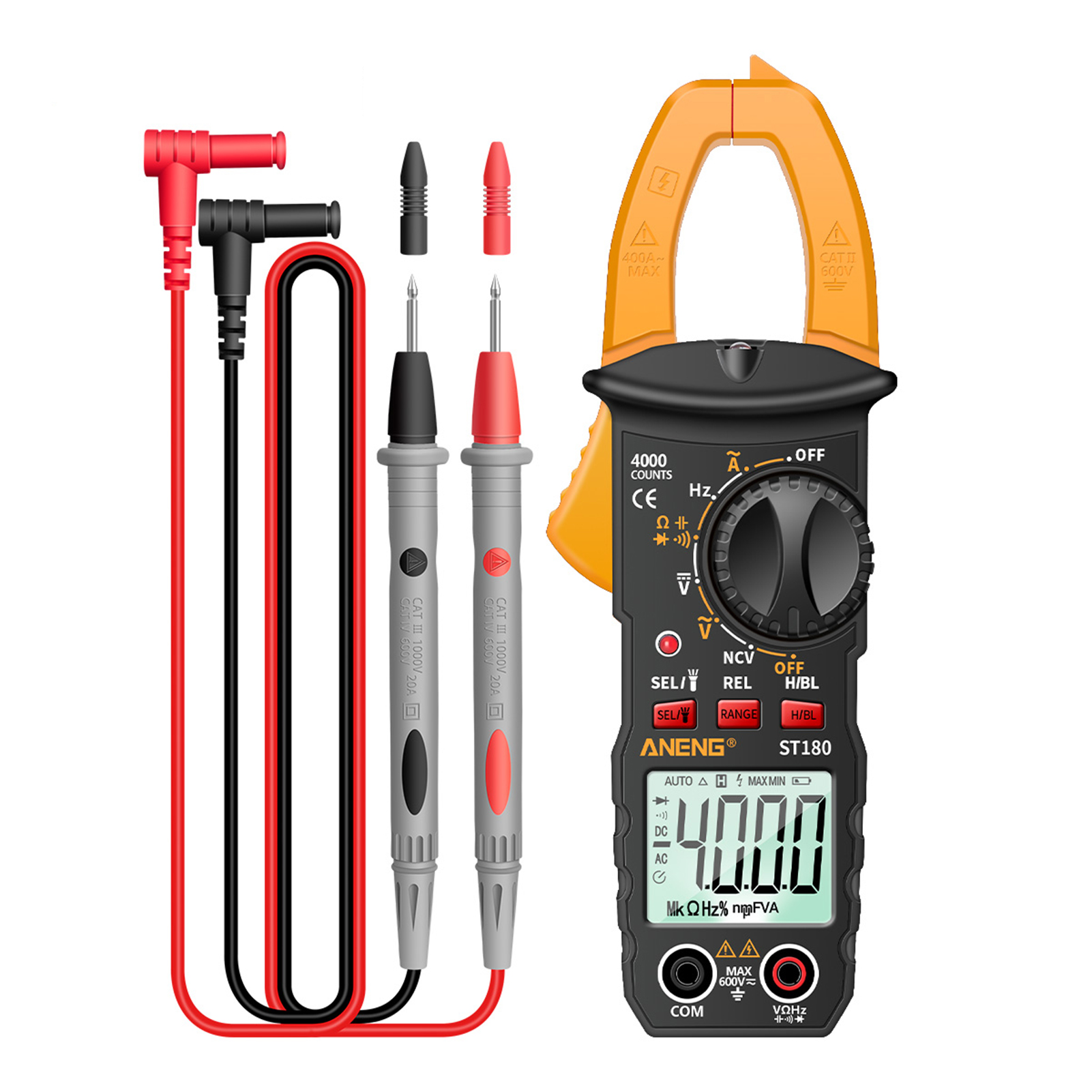 ANENG ST180 4000 Counts Digital Clamp Meter Multimeter Clamp Multimeter Voltmeter Ammeter AC DC Voltage AC Current Meter NCV Tester Universal Meter Tester Current Clamp Tester -30~1000°C Temperature Resistance Capacitance Frequency Diode Measurement