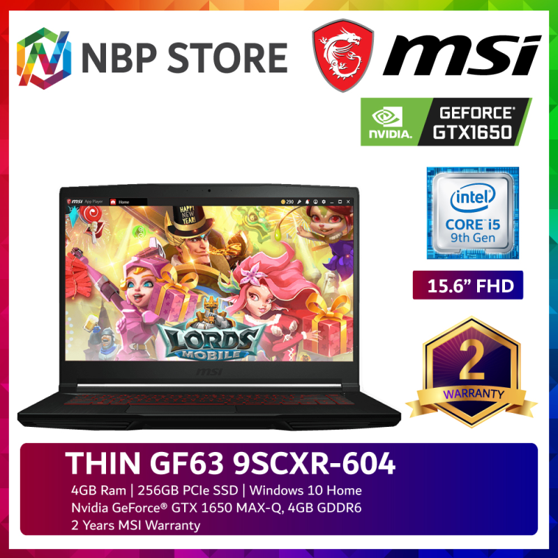 MSI THIN GF63 9SCXR-604 15.6 FHD IPS Gaming Laptop Black ( i5-9300H, 4GB, 256GB SSD, GTX 1650 4GB Max-Q, W10 ) Malaysia