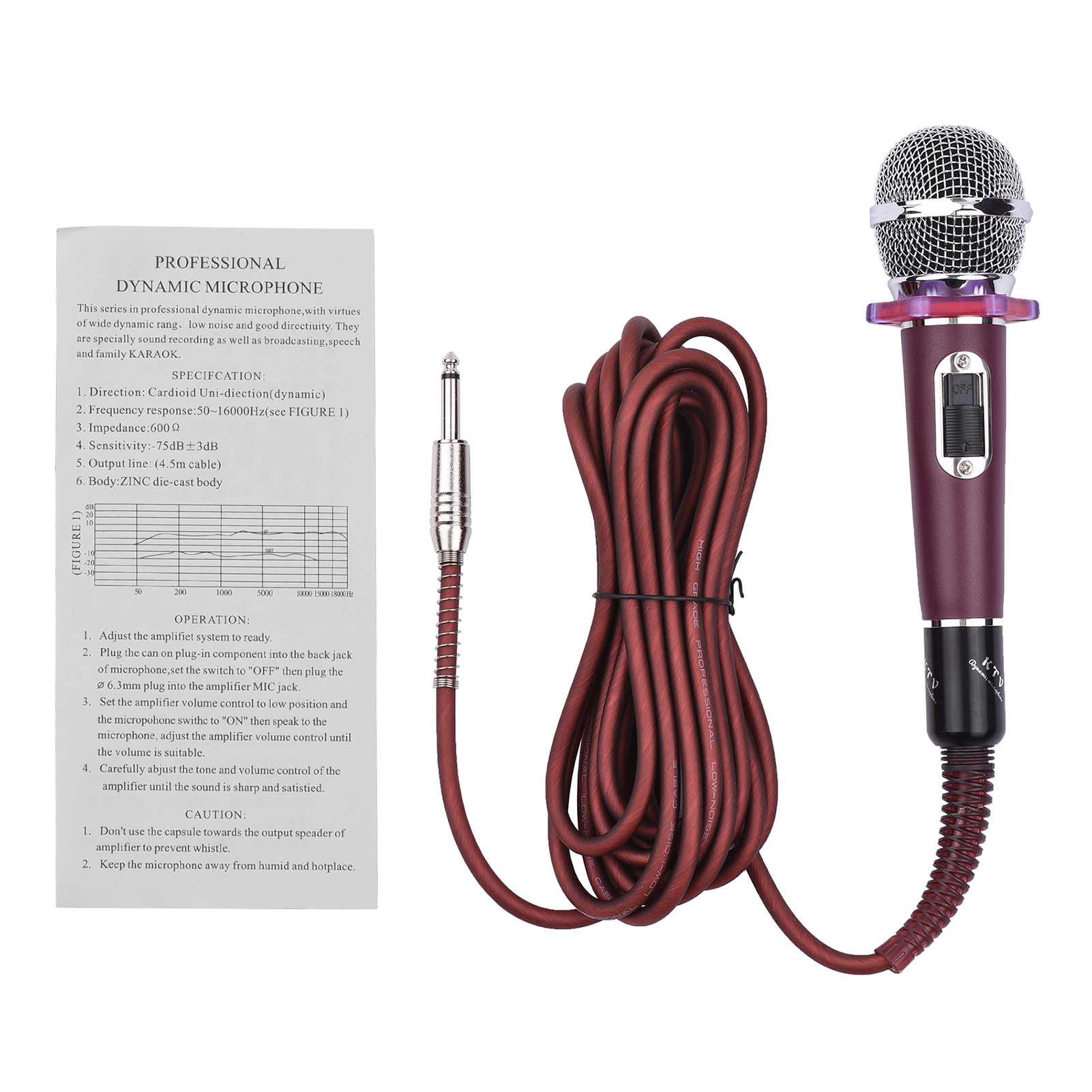Dynamic Handheld Cardioid Condenser Microphone Wired Mic 4.5m/15ft Cable 6.35mm Plug for Music Singing Karaoke Stage Live Performance
