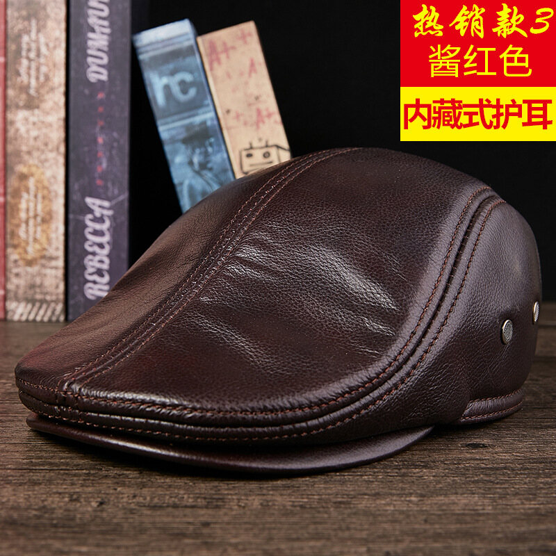 Winter Men's Real Genuine cow Leather baseball Cap brand Newsboy Beret Hat winter warm caps hats men with ears ear flap