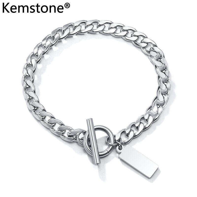 Kemstone Korean Style Stainless Steel Round Square OI Clasp Link Bracelet for Men Silver Plated Jewelry