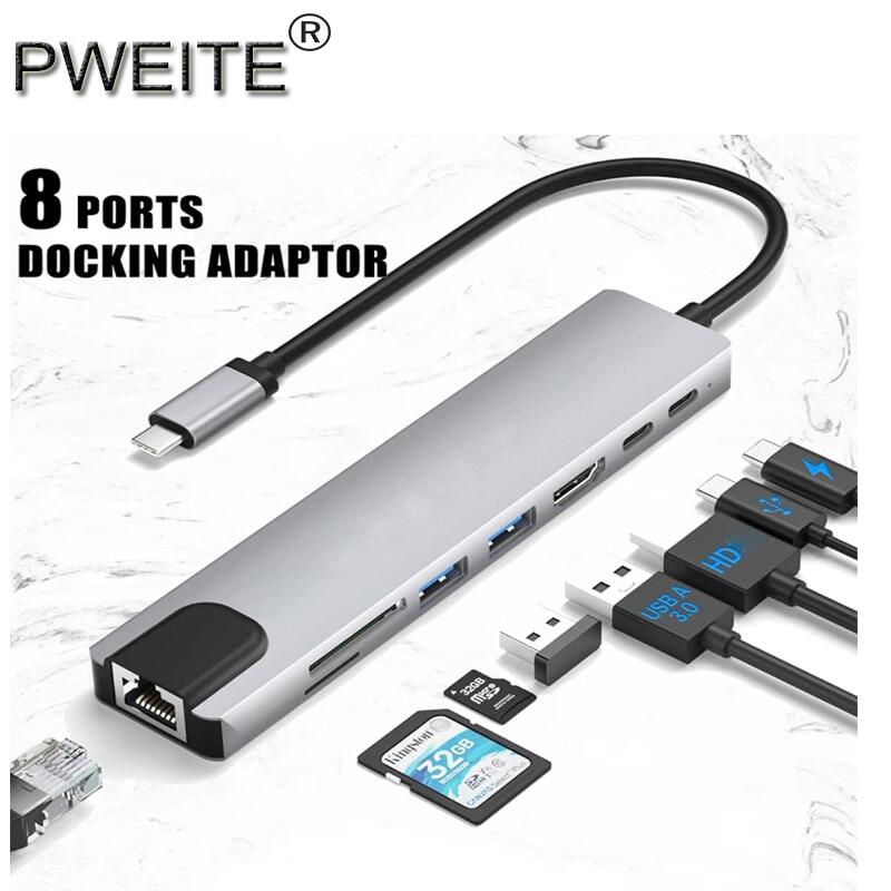 Usb c hub ethernet usb c 4k hdmi adapter 8 in1 multiport type c adapter for macbook ipad pro dell hp lenovo nintendo switch