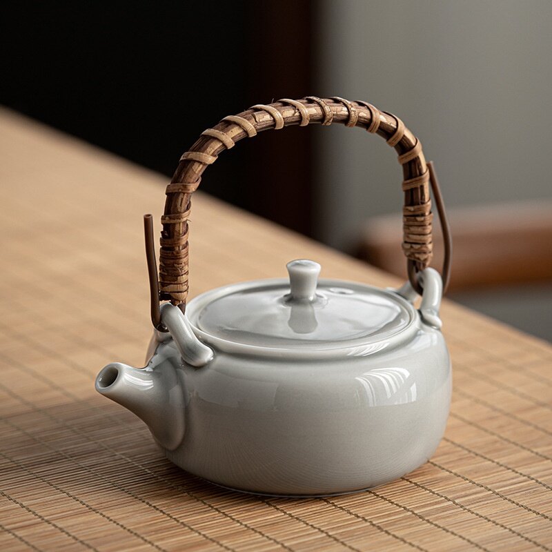 Japanese-style Ceramic Kung Fu Teapot, Ice-gray Glaze Lifting Beam Pot, Small Single Pot Rattan Lifting Beam Household Teapot