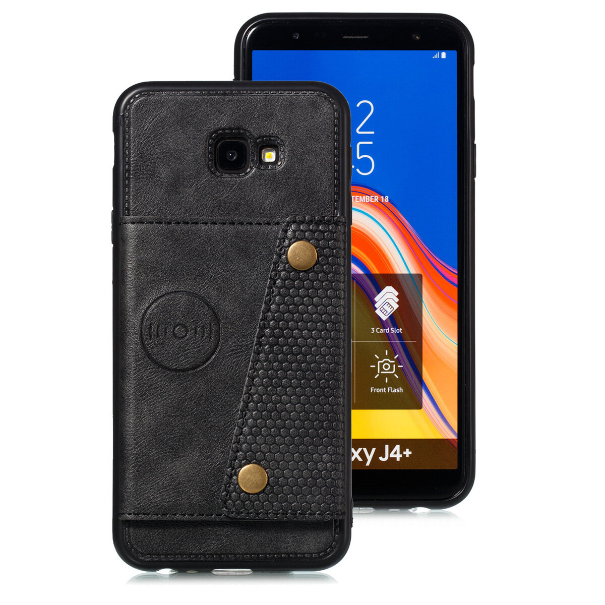 Cho Samsung J4 + j4plus da trường hợp nhiều Folio lật Bìa Wallet trở lại trường hợp vỏ, có thể làm việc với gắn trên xe hơi, ẩn thẻ tín dụng ID khe giữ, retro nút kim loại clasp, đứng hỗ trợ
