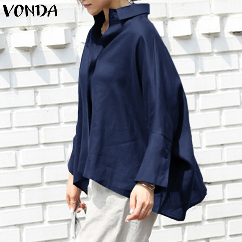 VONDA Womens Long Sleeve Casual Plain Blouse Office OL Shirt Plus Size Basic Tops Tee Plus Size (Korean Causal)