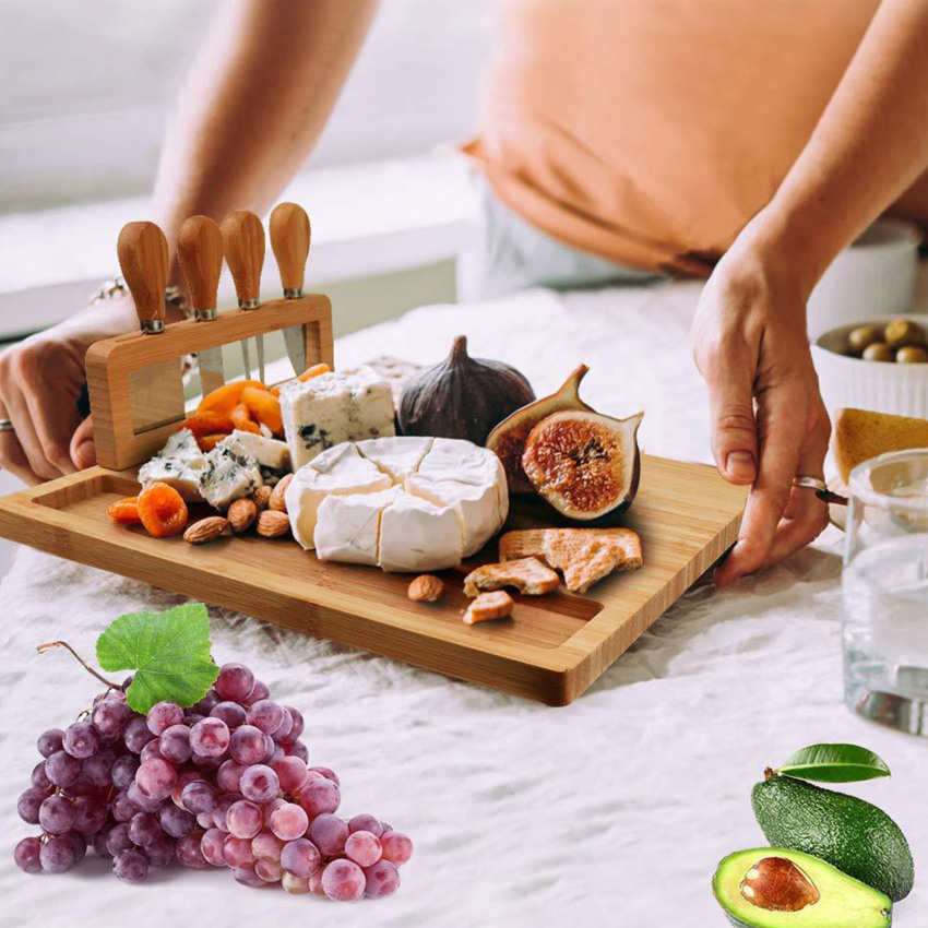 Bamboo Cheese Board Wood cheese board 1pcBamboo tableware cheese plate set western cutlery fork dessert fruit pizza plate multifunctional plate