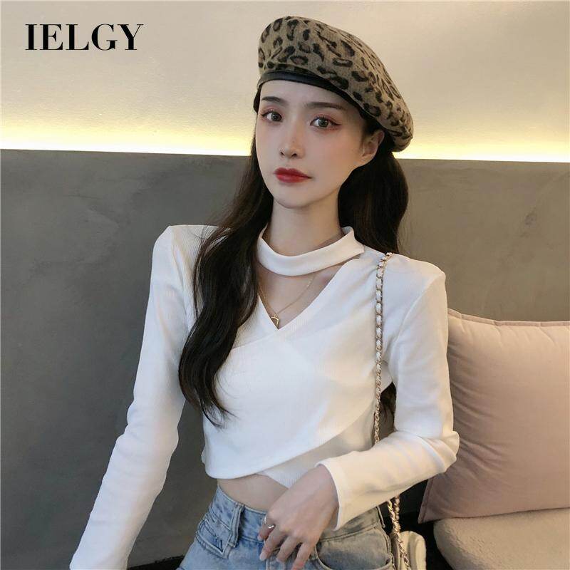 IELGY Women's clothes black T-shirt base shirt long-sleeved fashion V-neck short all-match Korean