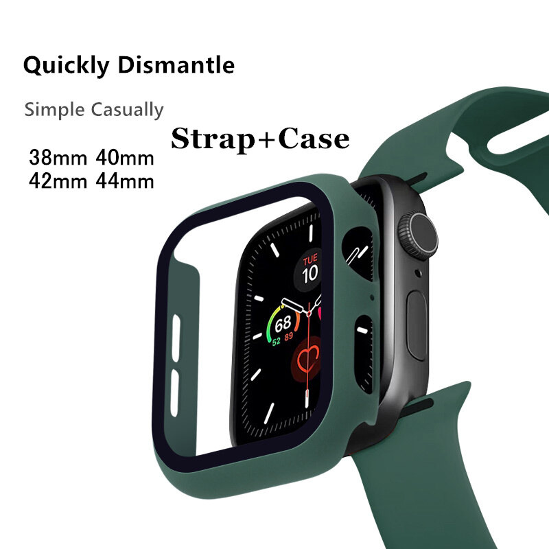 BassPal 2-in-1 Set Sport Silicone Strap+Case for Apple Watch 49mm 44mm 40mm 42mm 38mm 41mm 45mm Series 3 2 1 4 5 6 7 8 Full Curved Screen Protector for i Watch Band Ultra