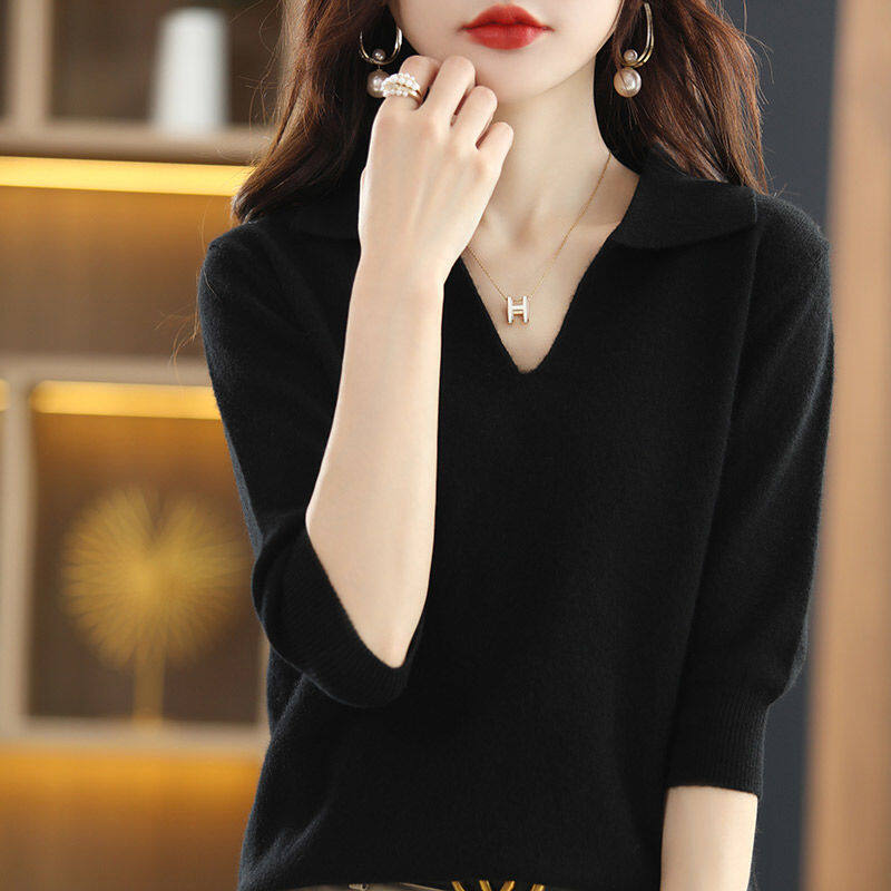 Áo Len Chui Đầu Màu Trơn Cổ Chữ V Thời Trang Quần Áo Nữ Áo Thun Dệt Kim Áo Thường Ngày Tay LửNg Áo Dệt Kim Cơ Bản Dáng Rộng Cho Nữ