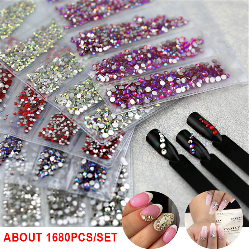 1680Pcs Multi-size Nail Art Rhinestones Crystals Strass Flat Back for DIY Nails Decoration Decal