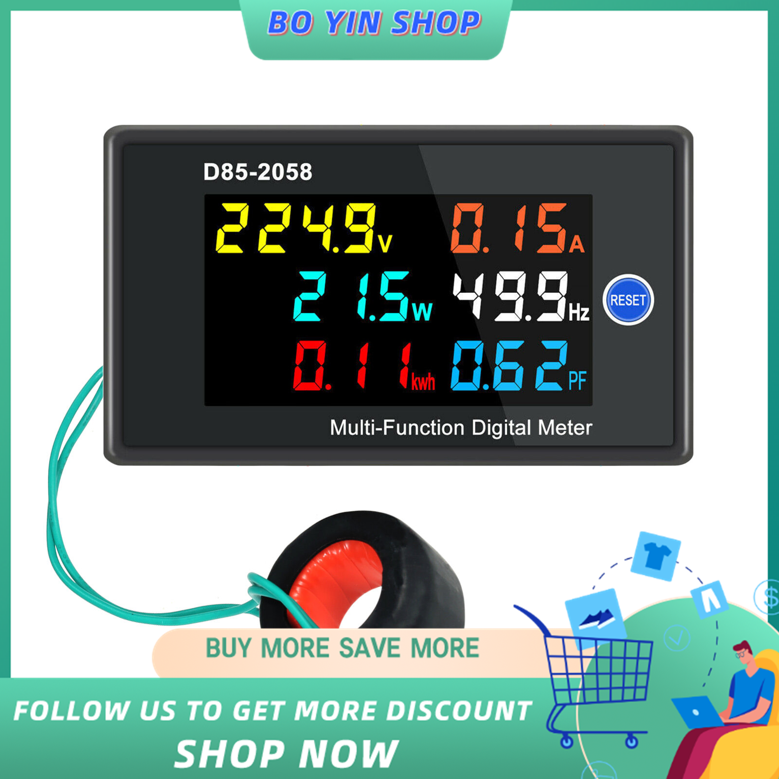 BO YIN Multi-Function Single Phase Digital Meter LCD Display AC Voltage AC Current Power Frequency Electric Energy Power Factor Measurement Meter Monitor