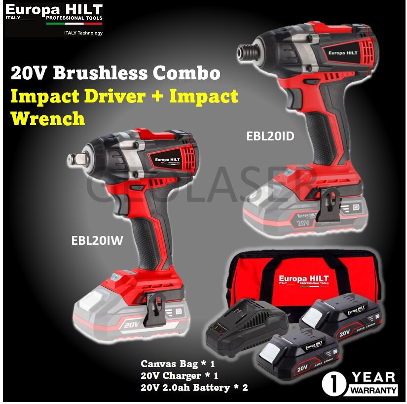 Europa Hilt 20V Combo Cordless EBL20ID Impact Driver EBL20IW Impact Wrench Brushless Lazada