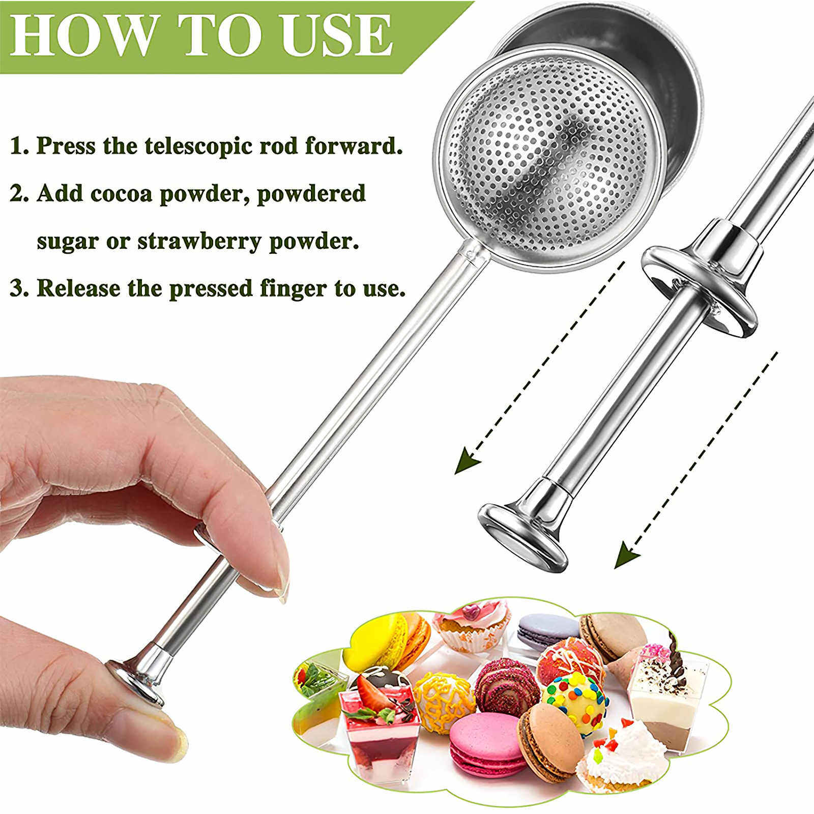 Stainless Steel 304 Flour Sifter Baking Shaker Dusting Wand Powdered