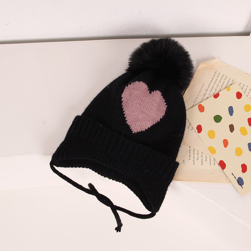 Cartoon Pompom Baby Hat With Heart Print Soft Warm Thick Winter Newborn Beanie Hats Solid Color Children Kids Bonnet Caps