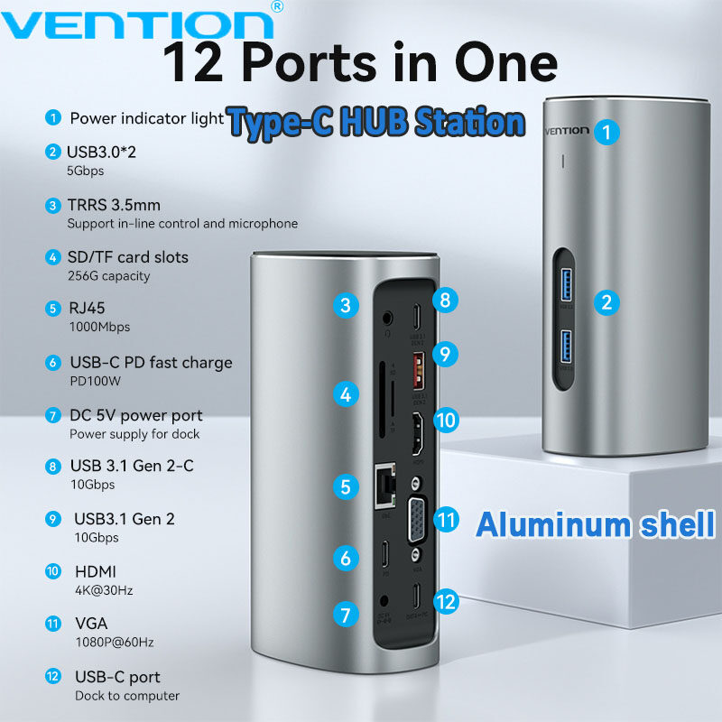 Vention Vertical 12 in 1 Docking Station Type C HUB to 4K HDMI USB 3.0
