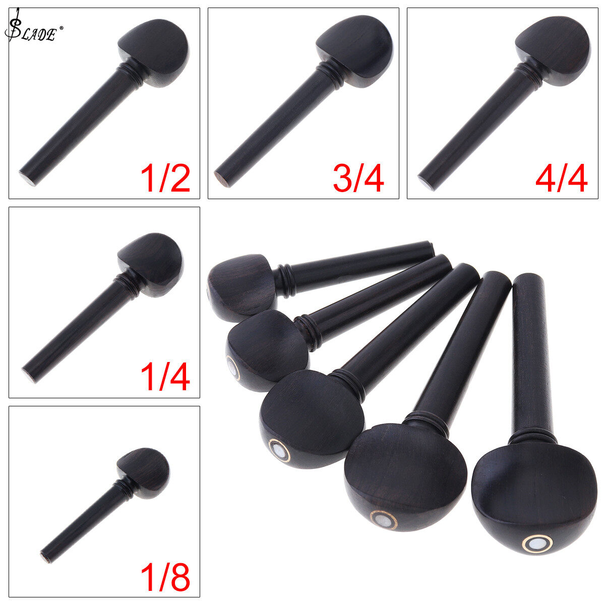 Slade 1 piece ebony violin tuning pegs regular type size 1/8 1/4 1/2 3/4 4/4