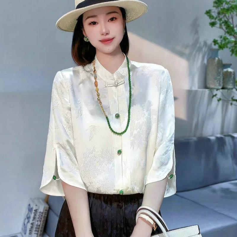 Jacquard Áo Sơ Mi Phong Cách Trung Quốc đứng lên cổ áo không sắt thêu nút bọc sơ mi nữ