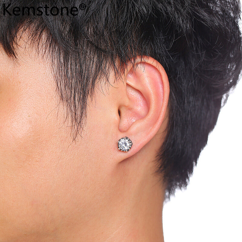 Kemstone Retro Punk Style Stainless Steel White Cubic Zirconia Stud Earrings for Men's Earrings