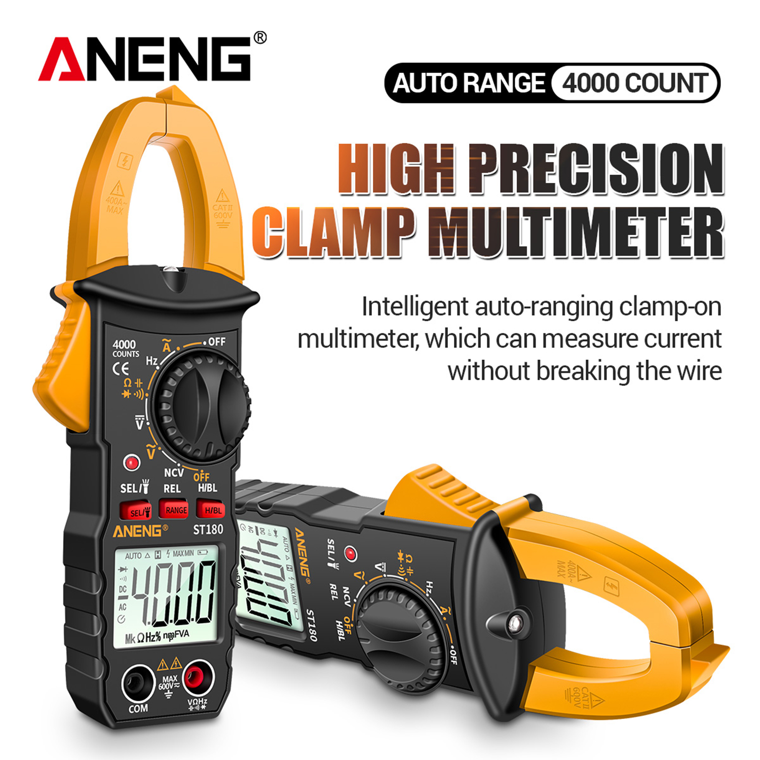 ANENG ST180 4000 Counts Digital Clamp Meter Multimeter Clamp Multimeter Voltmeter Ammeter AC DC Voltage AC Current Meter NCV Tester Universal Meter Tester Current Clamp Tester -30~1000°C Temperature Resistance Capacitance Frequency Diode Measurement