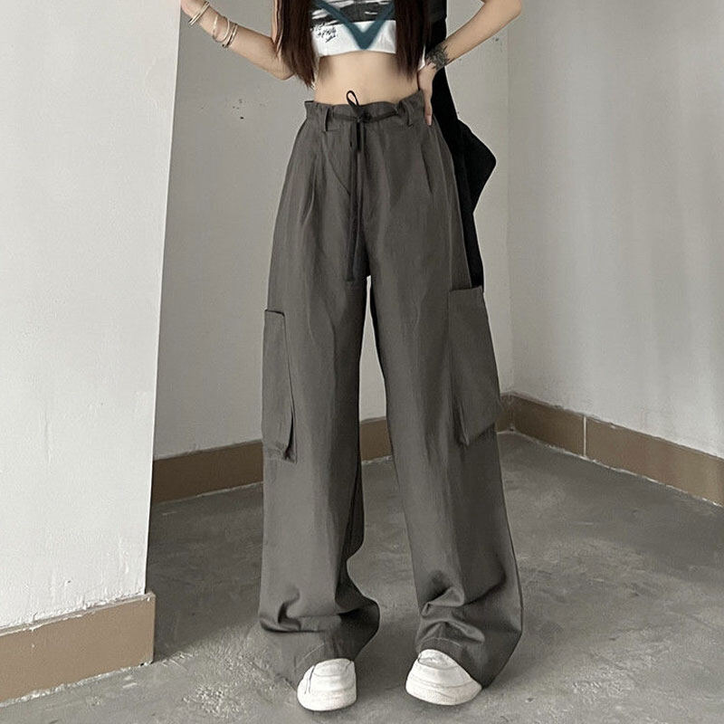 IEF Black overalls pants women's high waist all-match straight casual pants high street loose thin wide-leg pants ins