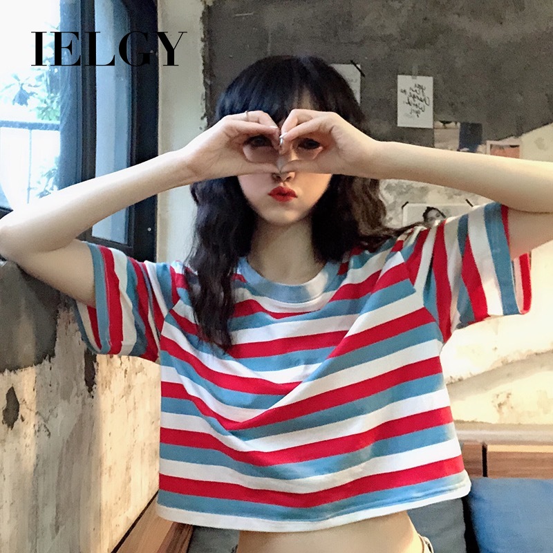 IELGY loose rainbow striped short-sleeved T-shirt women's hyuna style short crop top ins tide
