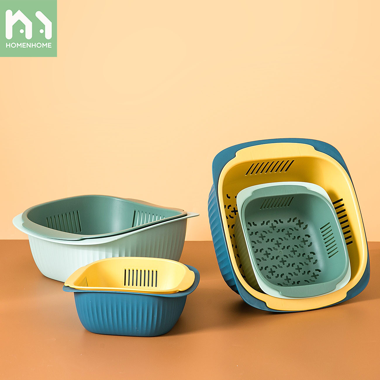 Homenhome Double Wash Basin Drain Basket Household Round Wash Fruit Basin Kitchen Plastic Fruit Plate Vegetable Storage Basket