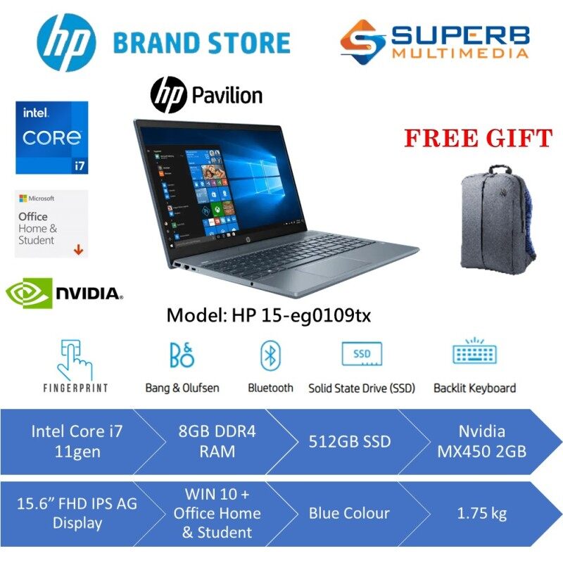 HP Pavilion Laptop 15-eg0109TX (Intel Core i7 11Gen, 8GB RAM, 512GB SSD, Nvidia MX450 2GB, 15.6 FHD IPS, Win10, OPI, Blue) Malaysia