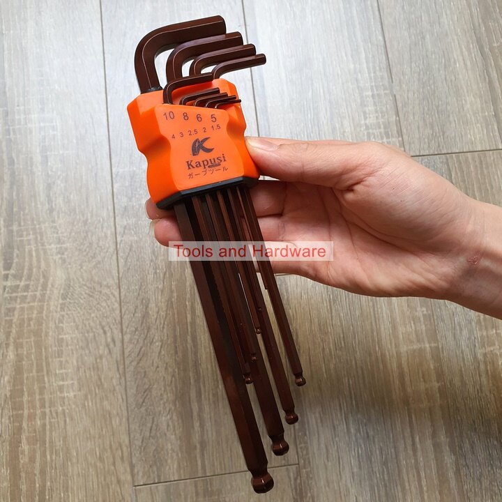 Bộ lục giác thép nâu đầu bi hãng kapusi nhật bản 9 cây chữ l 1.5-10mm, chất liệu thép cr-v6150