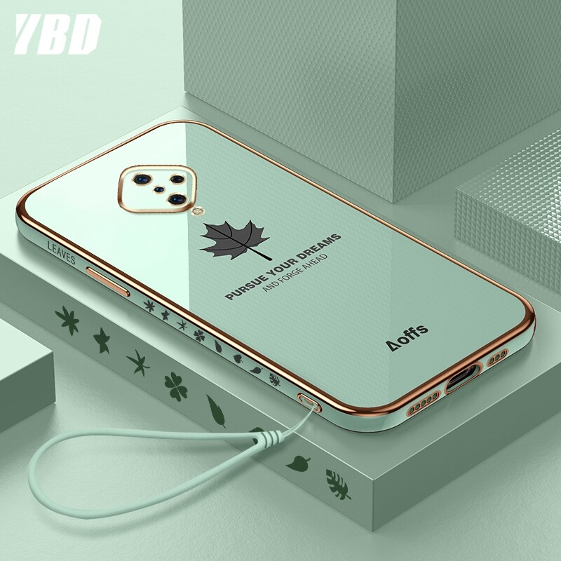 YBD Ốp Điện Thoại Mạ Cạnh Thẳng Cho Vivo S1 Pro Ốp Bảo Vệ Máy Ảnh Chính Xác Ốp Họa Tiết Lá Phong Có Dây Buộc Miễn Phí