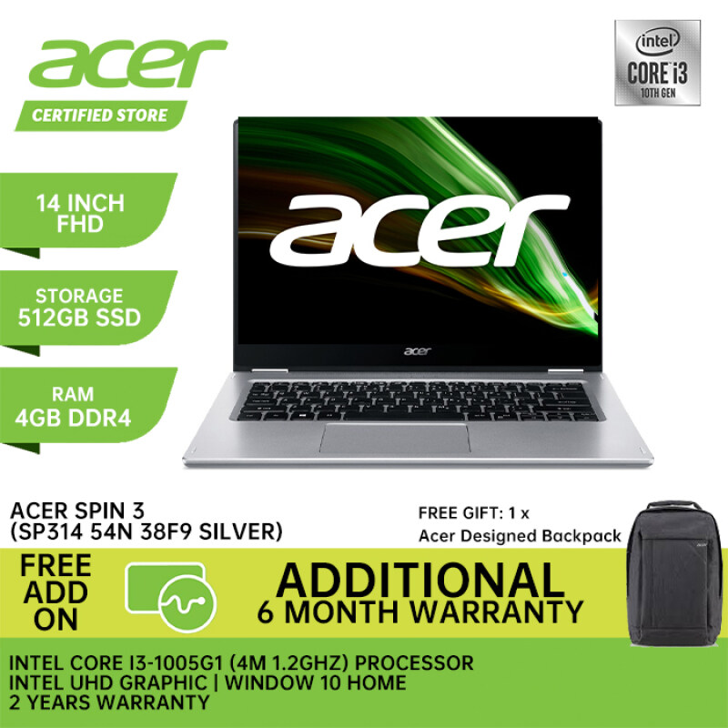 Acer New Laptop Spin 3 38F9 ( 14 Inch Full HD Touch Screen / Intel Core I3 1005G1 / 4GB Ram Intel GraphIc / Window 10 / 2 Years Warranty) Malaysia