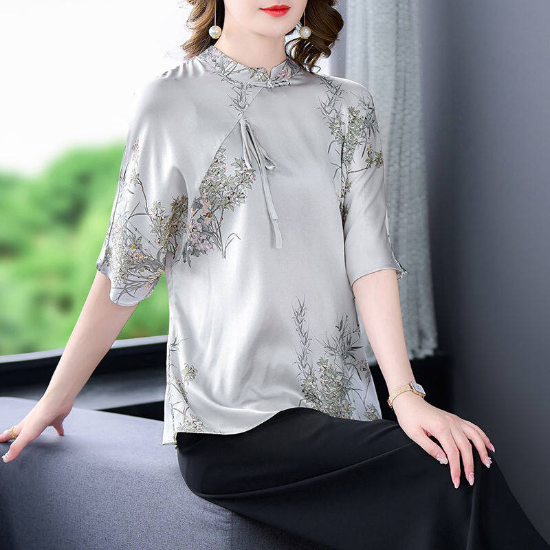 Chinese Retro Summer Dress New Silk Blouse Cover Belly Slimming Sleeve Shirt Mulberry Silk Silk Printing Flower Age Shirt Female