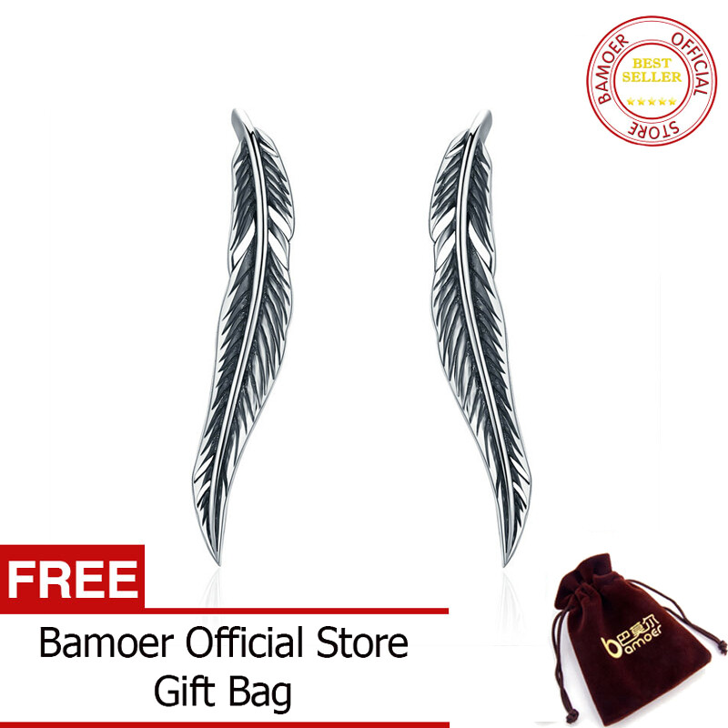 Bamoer free shpping authentic 100% 925 sterling silver feathers wing stud earrings with white clear cz for women anniversary jewelry sce258