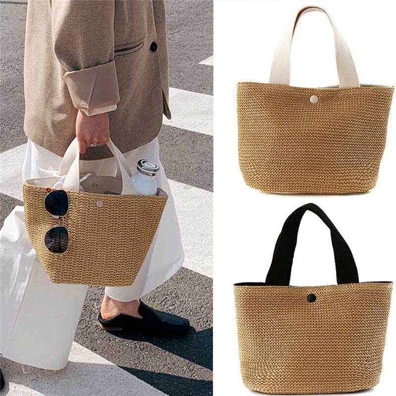 Mode Shop Casual Rattan Women Handbags Summer Beach Straw Bags Wicker Woven Female Totes Large Capacity Lady Buckets Bag Travel Purse