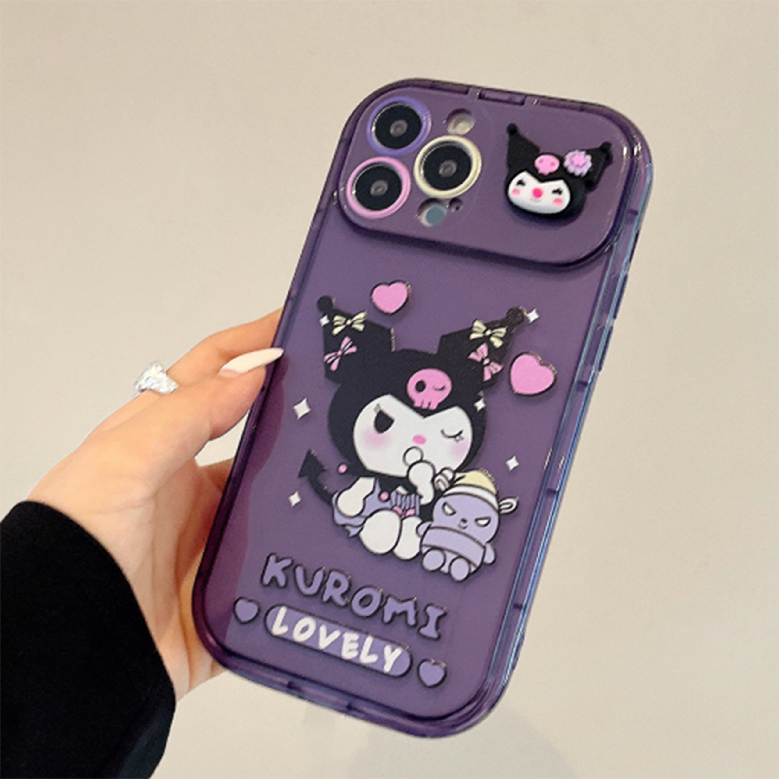 Flip mirror cartoon kuromi tpu phone case, with bracket function, for iphone x, xs, xr, 11, 12, 13,14, 15 series